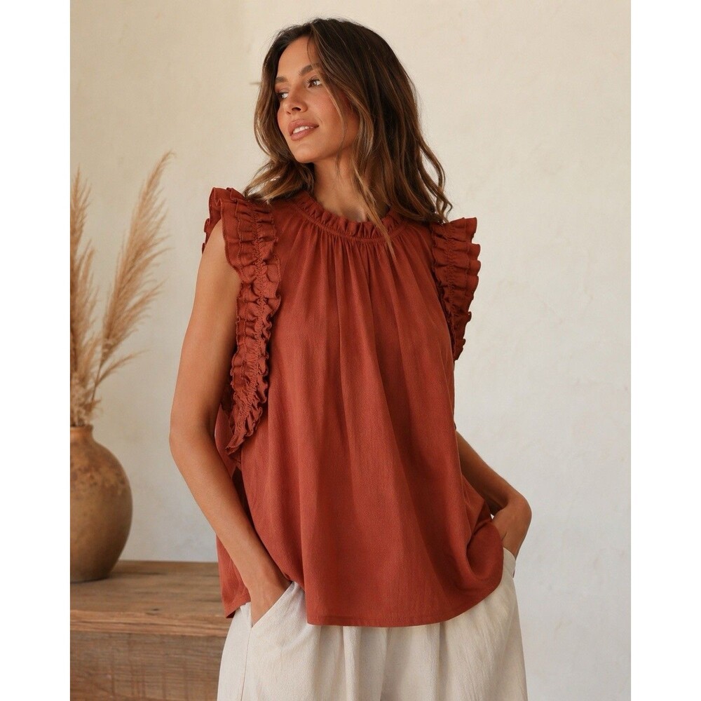 WVN Organic Cotton Ruffle Blouse XL Terracotta Boho Romantic Peasant Top